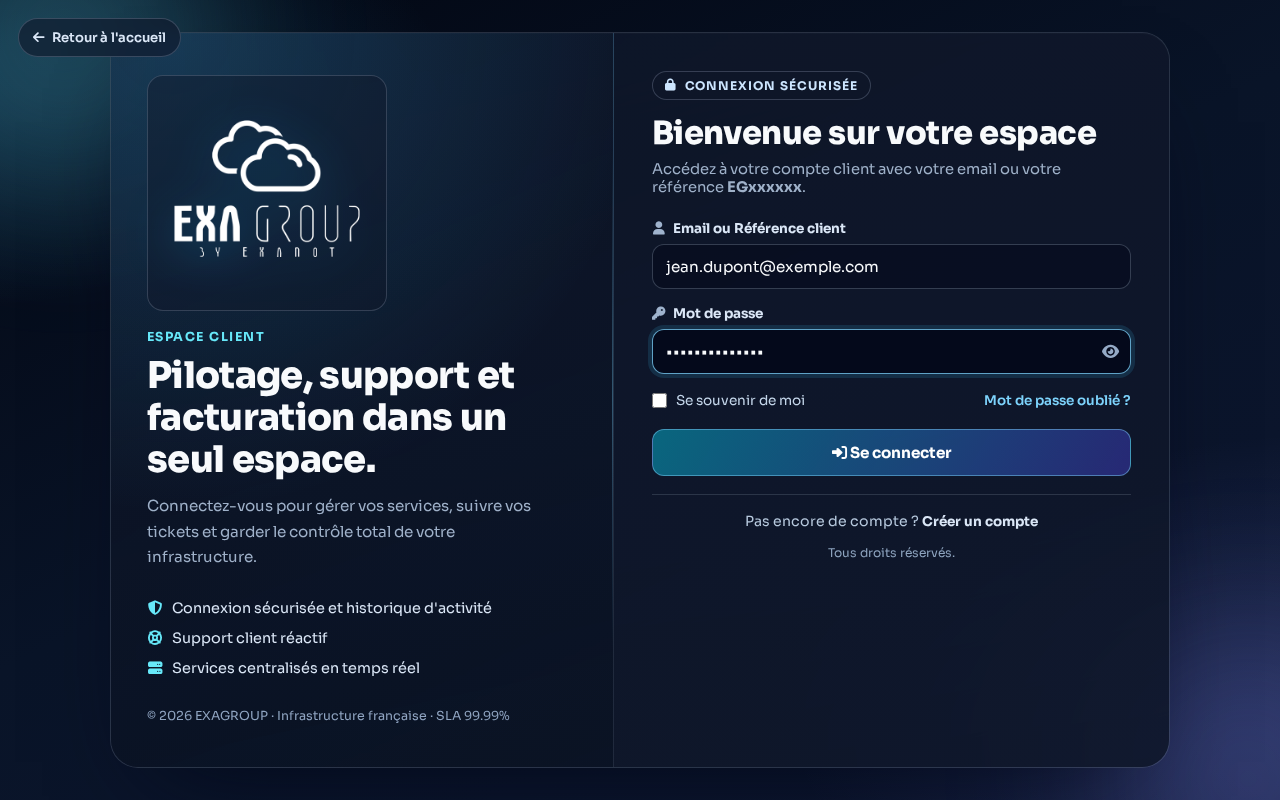 Formulaire de connexion — champs e-mail et mot de passe