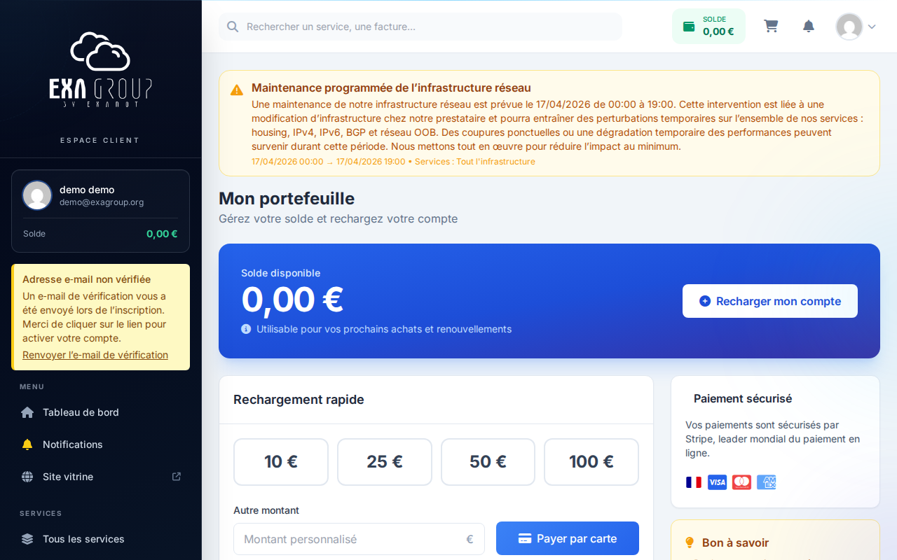 Page Wallet — formulaire de rechargement avec choix du montant et méthode