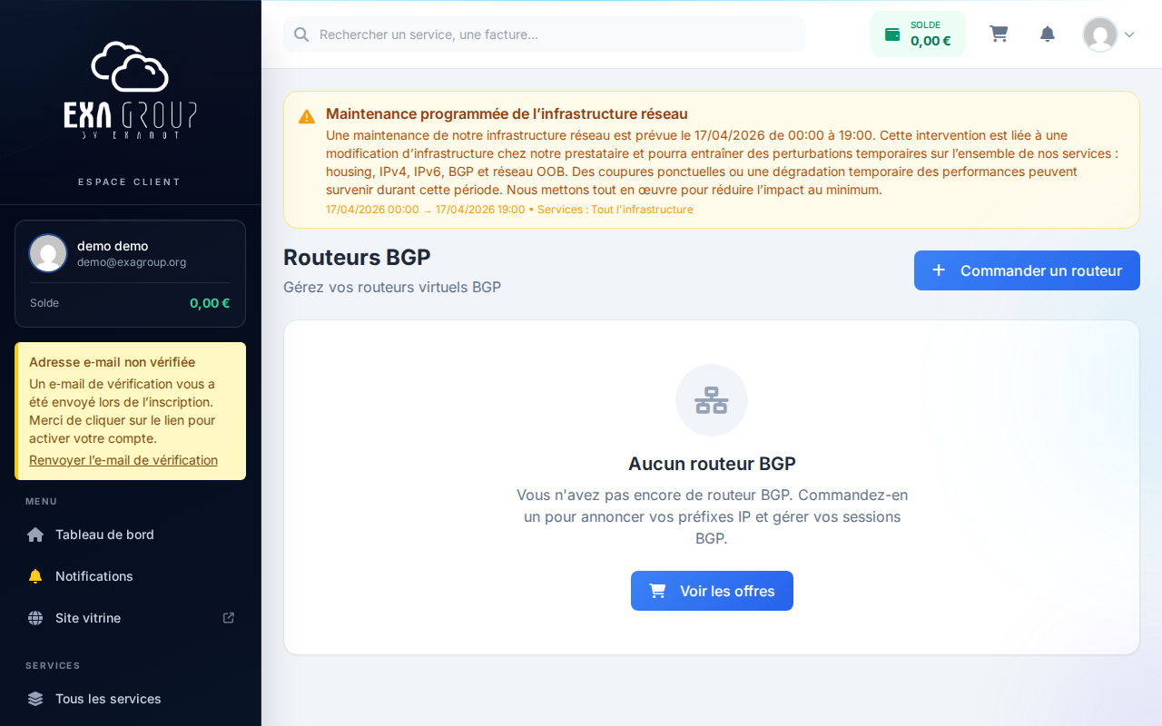 Liste des routeurs BGP — tableau avec nom, ASN, statut, nombre de peers