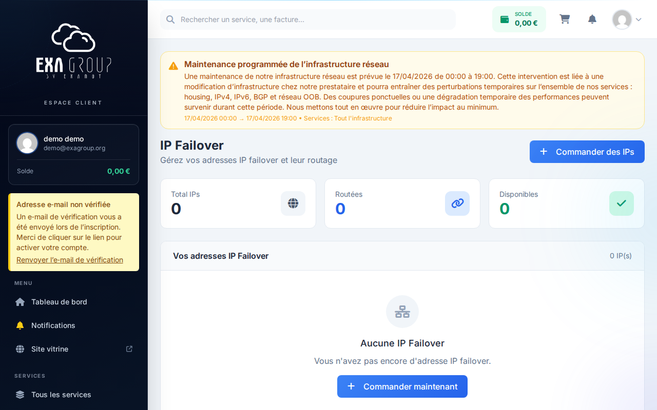 Liste des IP Failover — tableau avec adresse IP, statut, service assigné