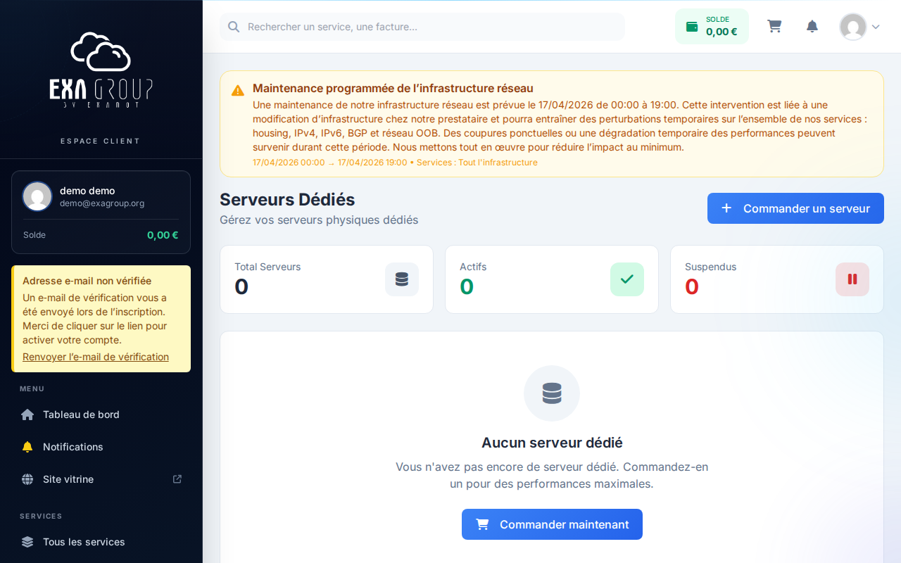 Tableau de bord serveur dédié — section informations matérielles