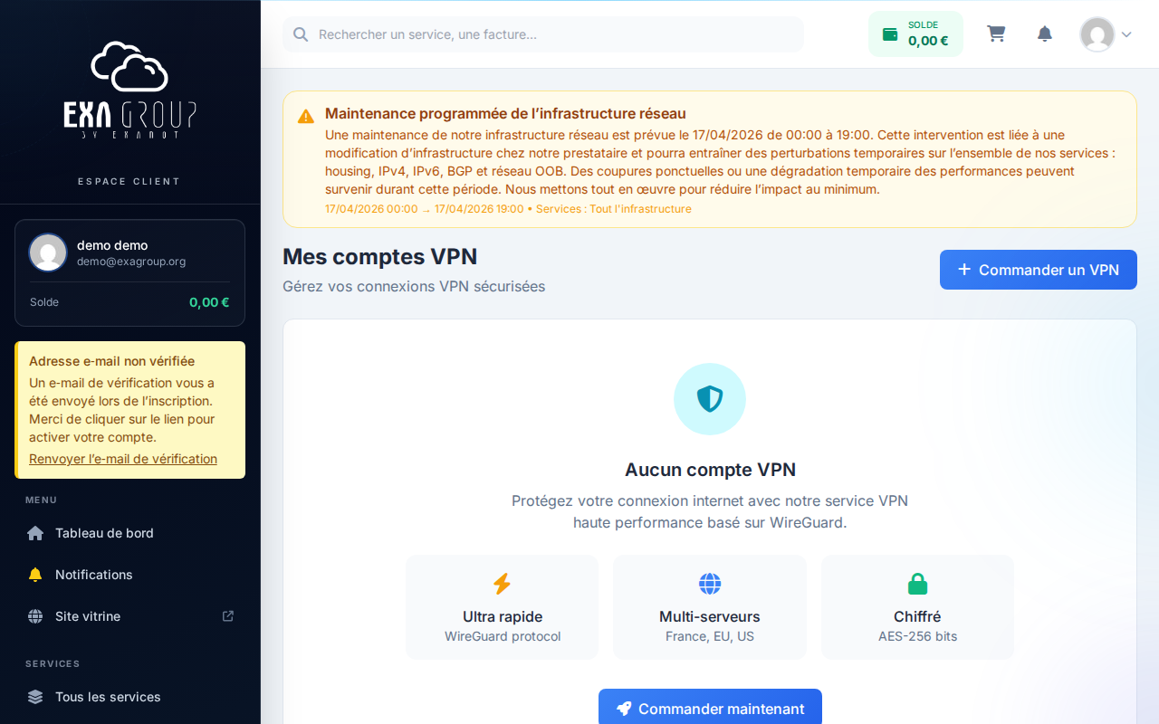Liste des services VPN — tableau avec nom du tunnel, serveur, statut